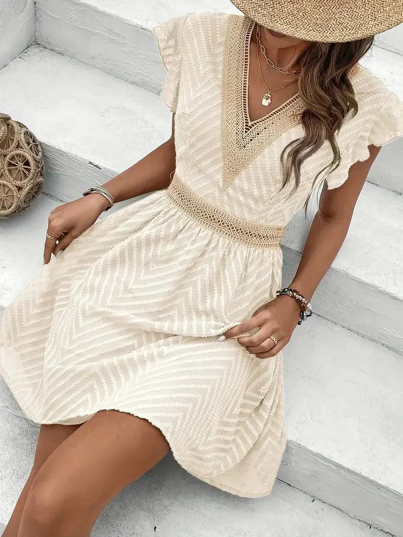 Boho Chevron Mini Dress With Crochet Trim And Flutter Sleeves