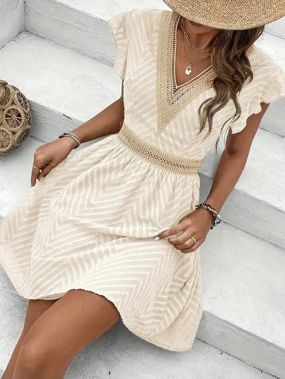Boho Chevron Mini Dress With Crochet Trim And Flutter Sleeves